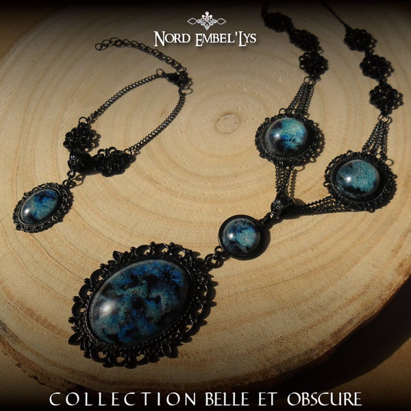 Parure noire gothique "Ciel Etoilé" Collier Bracelet Boucles d'oreilles Cabochons bleus en résine époxy