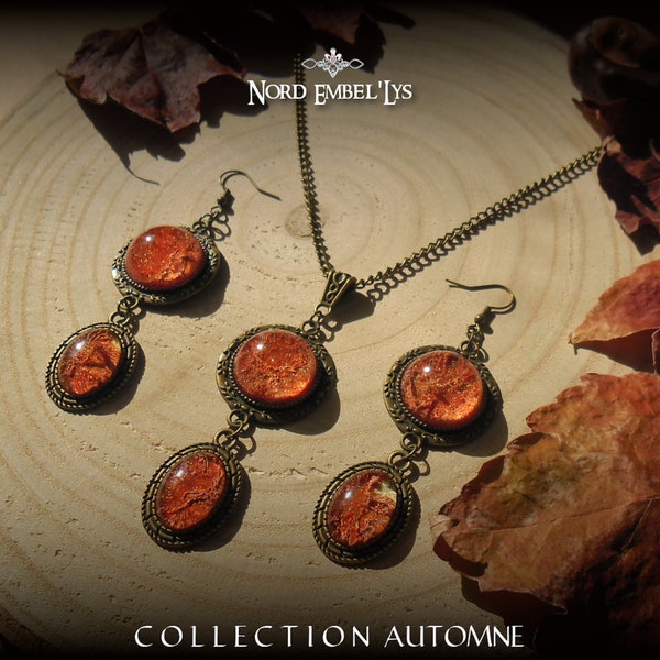 Parure en résine époxy Cœur d'Automne cabochons oranges colliers pendentifs, boucles d'oreilles