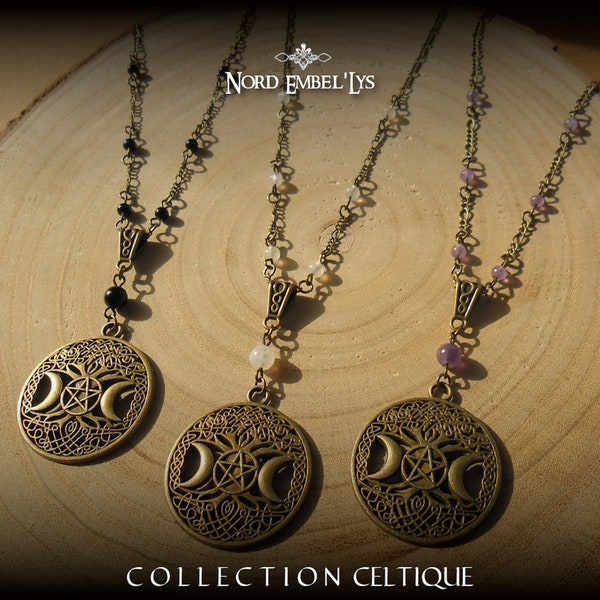 Colliers pendentifs Arbre Celtique perles naturelles onyx pierres de lune améthystes triple lune pentacle