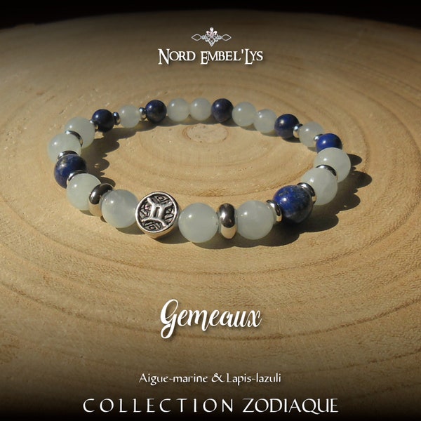 Bracelet extensible Zodiaque Gémeaux acier inoxydable Perles naturelles Aigues-marines + Lapis-lazuli Mixte