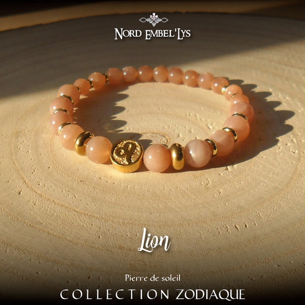 Bracelet extensible Zodiaque LION acier inoxydable Perles naturelles Pierre de soleil Mixte