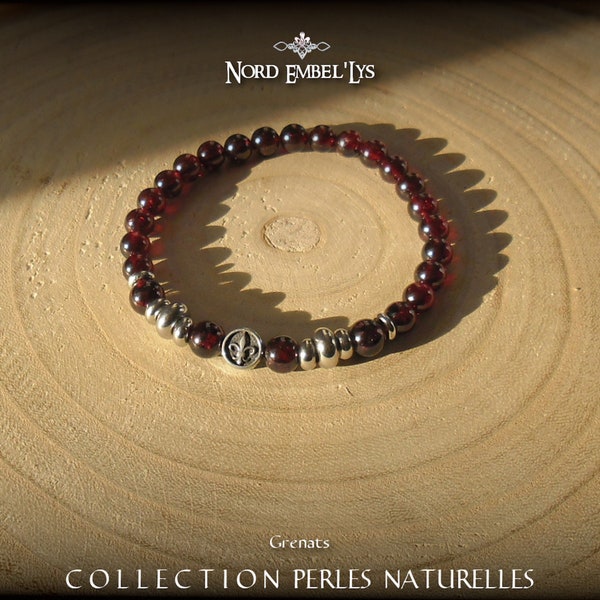 Bracelet extensible Fleur de Lys acier inoxydable et perles naturelles de grenats citrine œil de tigre pierres de lune quartz roses mixte