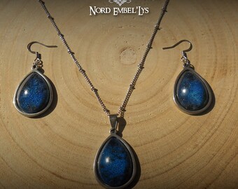 Oceania pendant necklace and earrings set in blue epoxy resin and stainless steel