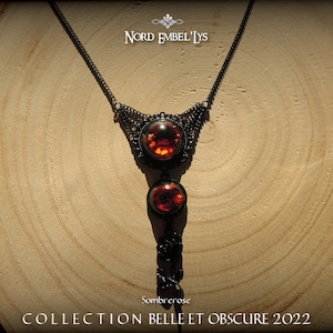 Gothic black Sombrerose pendant necklace with red orange black cabochon in epoxy resin black rose flower charm