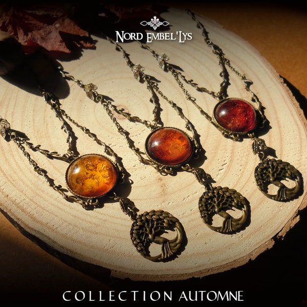 Collier pendentif Arbre d'Automne Bronze Cabochon en résine jaune orange rouge