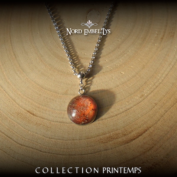 Collier pendentif Matin Calme avec cabochon orange rose en résine époxy, chaîne en acier inoxydable