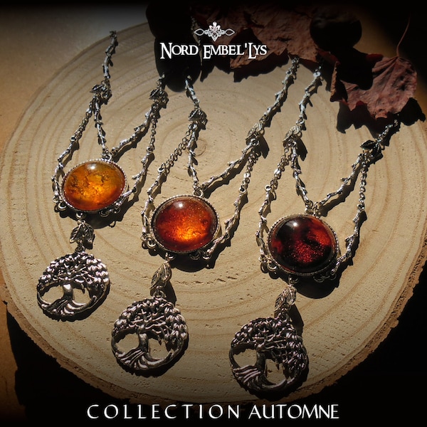 Collier pendentif Arbre d'Automne Argenté Cabochon en résine jaune orange rouge