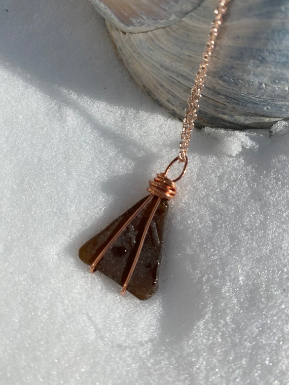 Number 14 Copper Wire Wrapped Beach Glass Pendant on Rose Gold