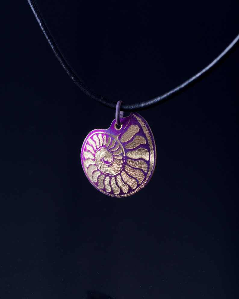 Titanium ammonite pendant anodized and guilloche engraved pendant purple and gold ammonite necklace