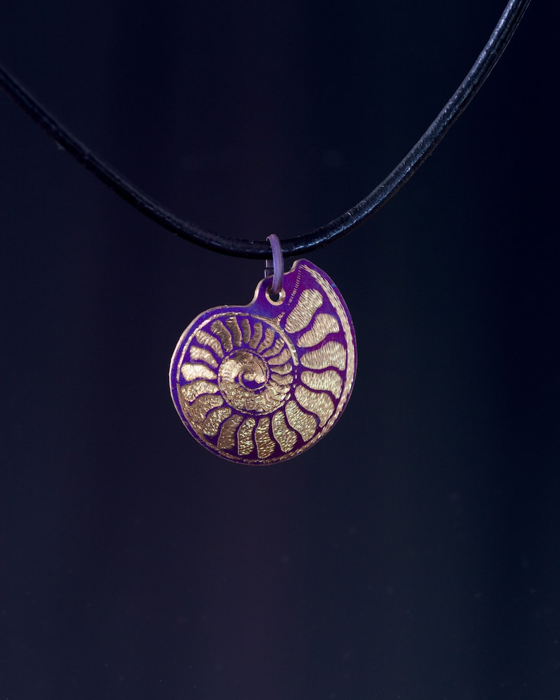 Titanium ammonite pendant anodized and guilloche engraved pendant purple and gold ammonite necklace