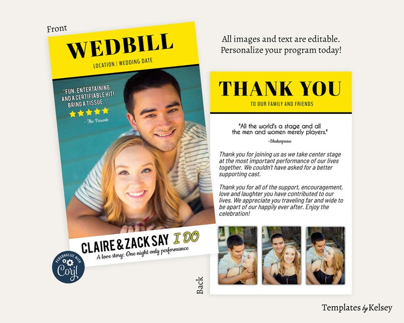 May include: A wedding program template with a yellow and black colour scheme. The front features a photo of a couple and the text "WEDBILL". The back features a thank you message to family and friends with a quote from Shakespeare. The text "Templates by Kelsey" is at the bottom of the page.