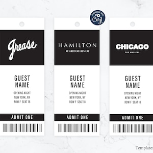 Broadway Wedding Place Cards Template - Black & White | Ticket Themed | Customizable For Guests | Digital Download Corjl