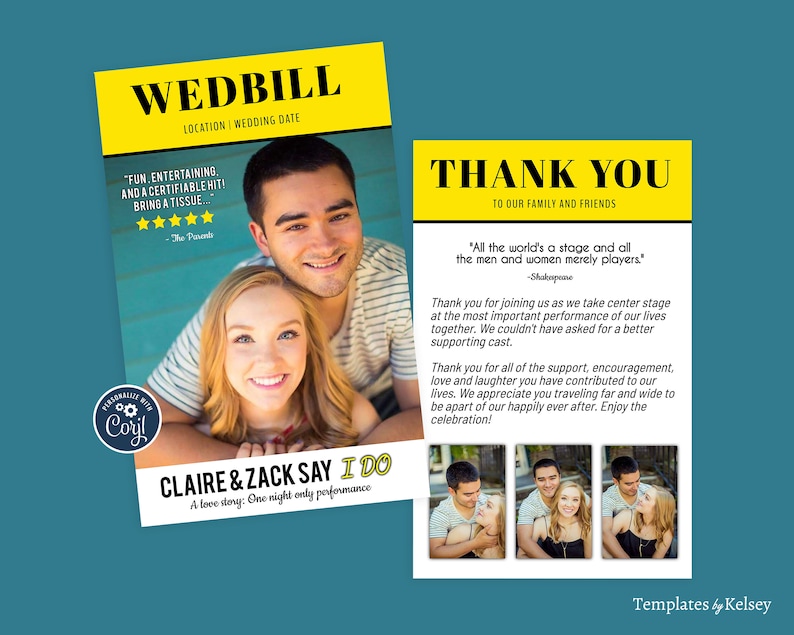 May include: A yellow and black wedding announcement with a photo of a couple. The text reads "WEDBILL" and "CLAIRE & ZACK SAY I DO".