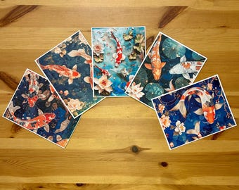 Card Set of 5 - Koi Ponds - Any Occasion - Blank - Handmade