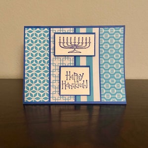 Carte Happy Hanukkah - Hanukkah - Menorah - Bleu - Blanc - Fait main