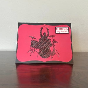 Cartão de baterista - U Rock My World - Bateria - Rock - Banda - Vermelho - Preto - Amor - Aniversário - Dia dos Namorados - Feito à mão