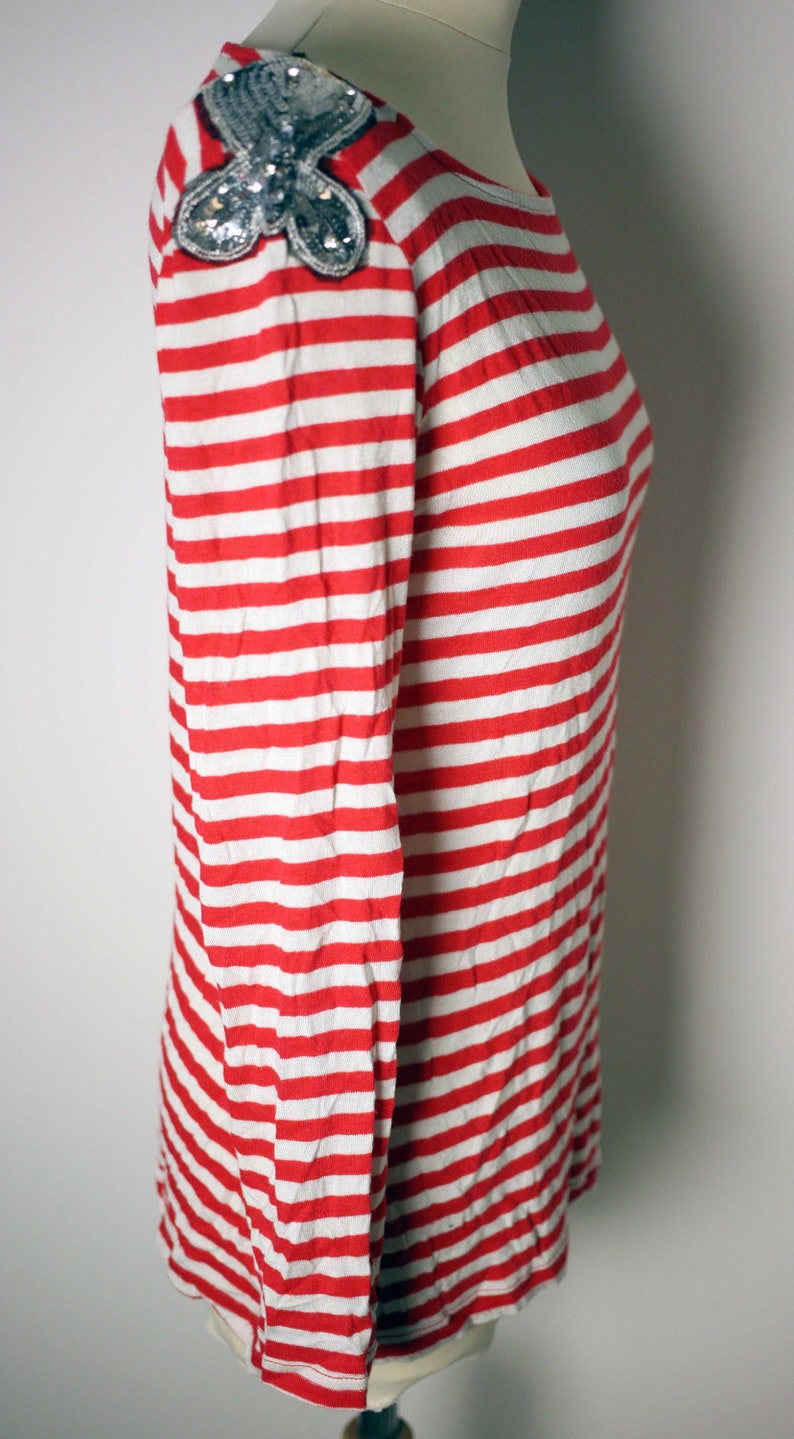 Vintage /'Rare Zinka/' red and white striped ladies sweater with sequin shoulders-UK 8-used-free post worldwide-2 to 14 working days delivery