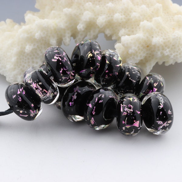 Handmade Lampwork Glass Beads. Jewelry Supply. Magenta Dichroic, Black. Rondelles. Shadowlandglass #551