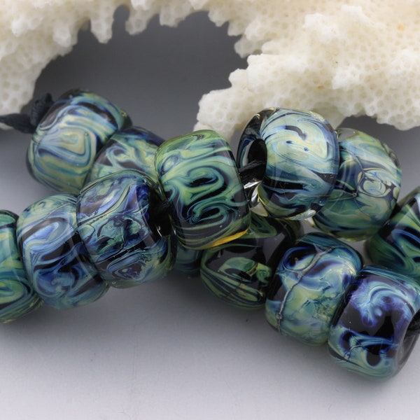 Handmade Lampwork Glass Beads. Jewelry Supply. Barrels. Blue, Green, Black. Shadowlandglass #550