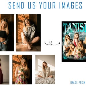 May include: The image features a design with the name "TANISHA" in a stylized font, surrounded by images of women. The design has a vintage aesthetic with a teal and black color scheme. The words "SEND US YOUR IMAGES" are at the top.