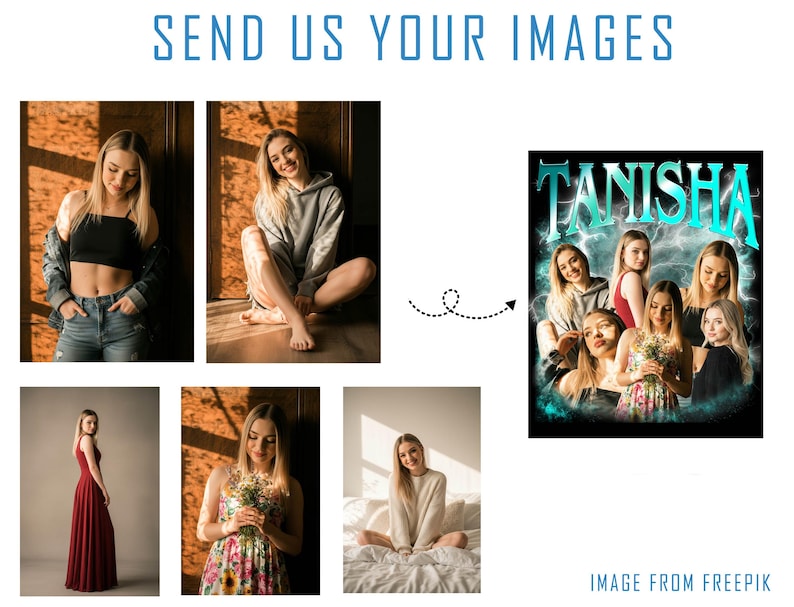 May include: The image features a design with the name "TANISHA" in a stylized font, surrounded by images of women. The design has a vintage aesthetic with a teal and black color scheme. The words "SEND US YOUR IMAGES" are at the top.