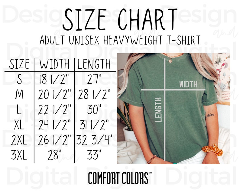 May include: Size chart for adult unisex heavyweight t-shirts. The chart shows the width and length measurements in inches for sizes S, M, L, XL, 2XL, and 3XL. The chart is labeled "Comfort Colors".