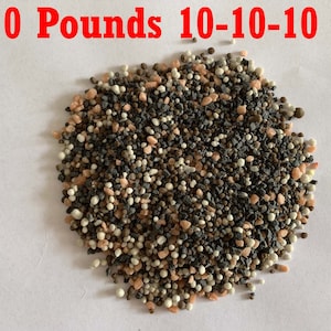 May include: A 10-pound bag of 10-10-10 fertilizer granules. The granules are a mix of black, brown, white, and pink.