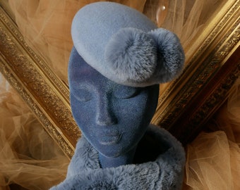 Powder blue pom pom pillbox hat with matching faux fur stole with pom poms, skating accessories ,1950's retro, rockabilly,burlesque