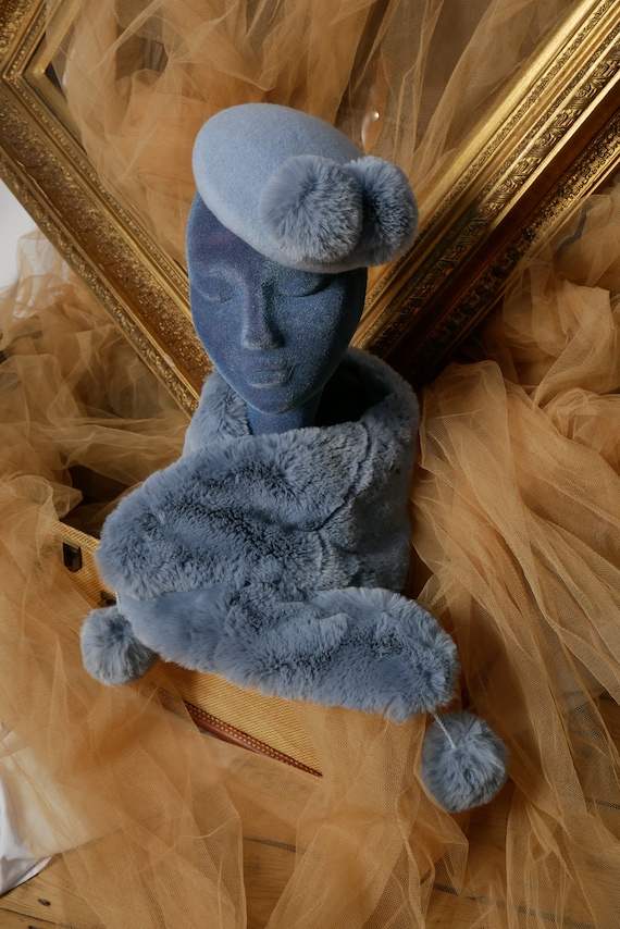 Powder Blue Pom Pom Pillbox Hat With Matching Faux Fur Stole  display picture 2