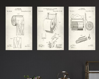 Toilet Paper Patent Prints: Rustic Bathroom Canvas Art, Set of 3