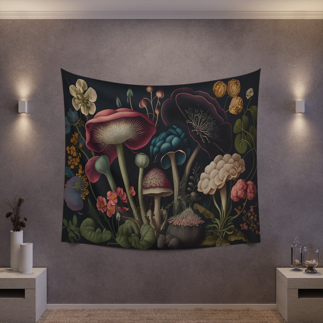 Cottagecore Floral Mushroom Wall Tapestry Hanging Art, Mushroom Lover