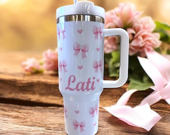 Coquette Pink Bow Aesthetic Travel Tumbler Gift, Pink Bow Water Bottle Cup,  Cottagecore Decor Gift, Trendy Coquette Soft Girl Tumbler Gift