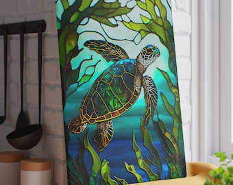 Sea Turtle Glass Cutting Board: Beach House Kitchen Decor