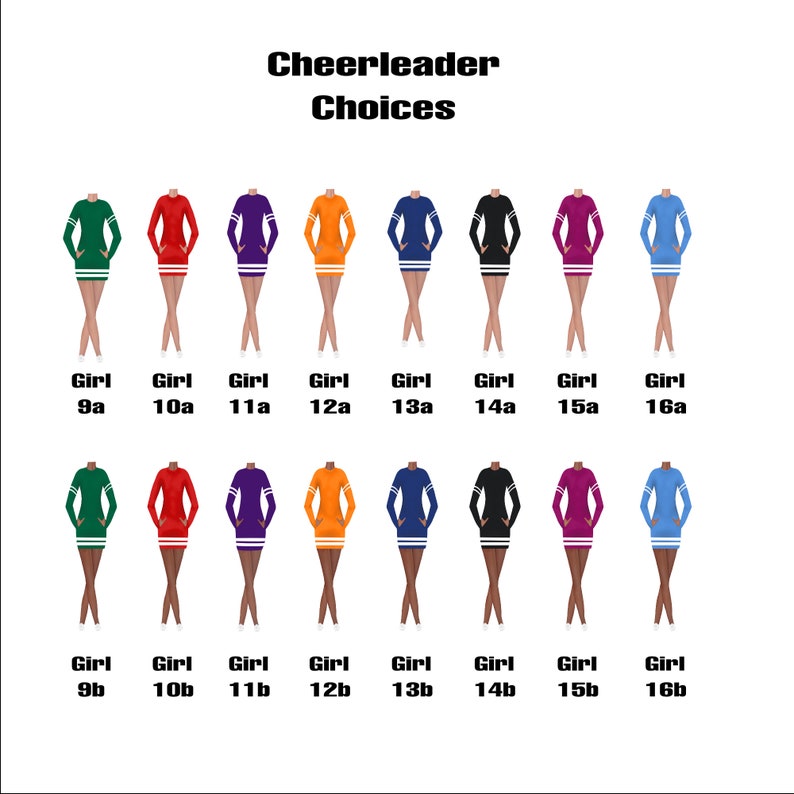 May include: Cheerleader uniform choices for girls in sizes 9a to 16a and 9b to 16b. The uniforms are in various colors, including green, red, purple, orange, blue, black, and maroon. Each uniform has white stripes on the sleeves.