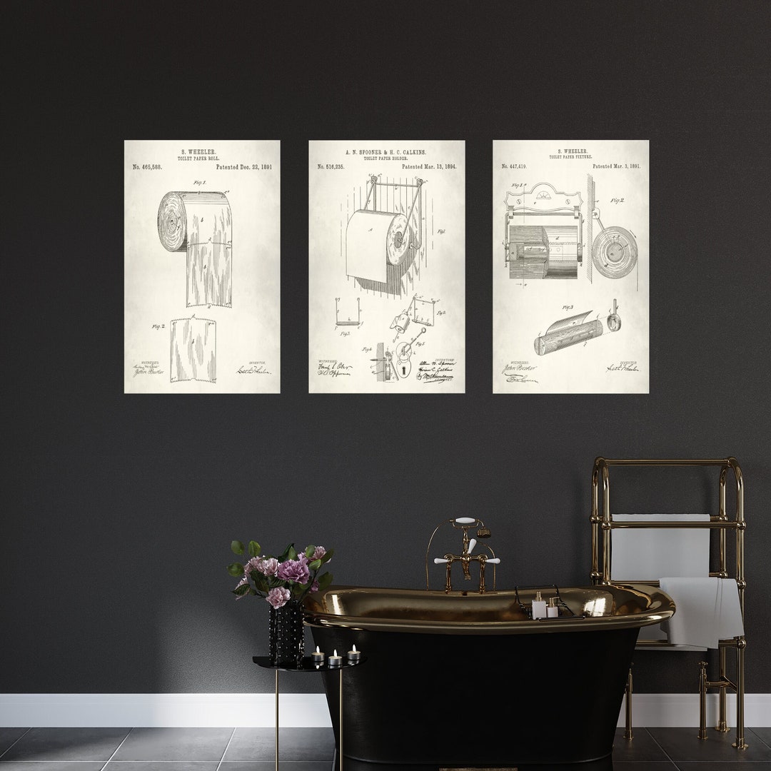 Set of 3 Toilet Paper Patent Prints on Canvas, Rustic Home Decor, Funny