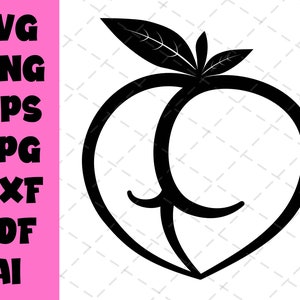 May include: Black and white silhouette of a peach with a leaf stem.