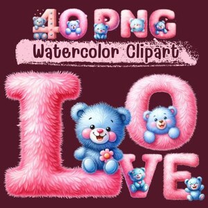 Aquarelle Valentine Teddy Bear Alphabet Clipart, 40 PNG Cute Teddy Bear Clipart, Numéros de fête de carte d’anniversaire, Utilisation commerciale, Rose Fluffy.