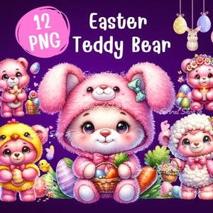 12 PNG Easter Teddy Bear Clipart bundle for Crafts and Scrapbooking, watercolor Easter Clipart, Easter sublimation, Commercial Use