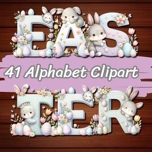 Easter watercolor alphabet, Easter Letters Clipart, Easter Bunny alphabet, flower letters png, floral, Easter bunny, Kawaii clipart png,