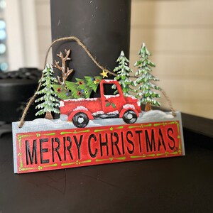 Hand Painted Wood Merry Christmas Holiday Sign featuring a Vintage Red Truck and Winter Scene