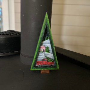 Hand Painted Layered Wood Christmas Tree Shaped Winter Scene with Red Truck and Cozy Home Holiday Decor