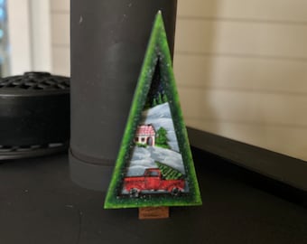 Hand Painted Wood Christmas Tree Scene: Red Truck Holiday Decor