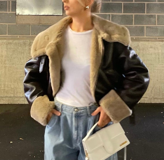 Woman Faux Leather Sherpa Lined Jacket in Coffee Color Vegan - Etsy