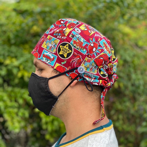 Casquette de gommage Spider Man avec boutons pour tenir le masque / casquette chirurgicale de super-héros / casquette de gommage vétérinaire / casquette de dentiste / casquette de gommage Marvel