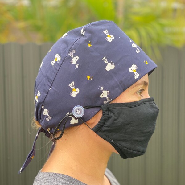 Unisex Snoopy Surgical Cap with buttons for mask / Doctor Scrub Hat with buttons / Nurse Scrub Cap / Pediatrics scrub cap