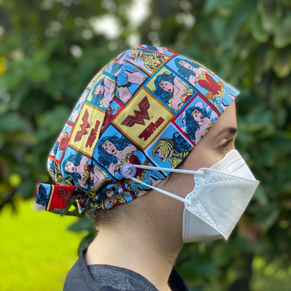 Wonder Woman Scrub hat with buttons to hold mask / Wonder Woman 1984 scrub cap / Nurse Scrub Cap / DC superhero Scrub cap for long hair