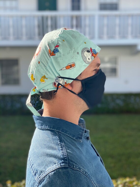 mens scrub cap with buttons