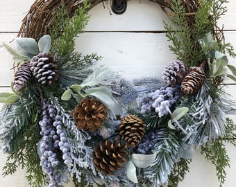 Snowy Evergreen Winter Grapevine Wreath