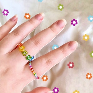 Rainbow Flower Beaded Ring Beaded Flower Rings Seed Bead Rings Trendy Colorful Rings Rainbow Jewelry