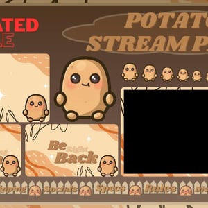 Könnte beinhalten: Ein digitales Overlay für Streaming, mit einem Cartoon-Kartoffel-Charakter. Das Design enthält den Text "Animated Sale" und "Potato Stream Pack". Die Farbpalette ist hauptsächlich braun und beige, mit einem schwarzen Rechteck für die Stream-Anzeige.